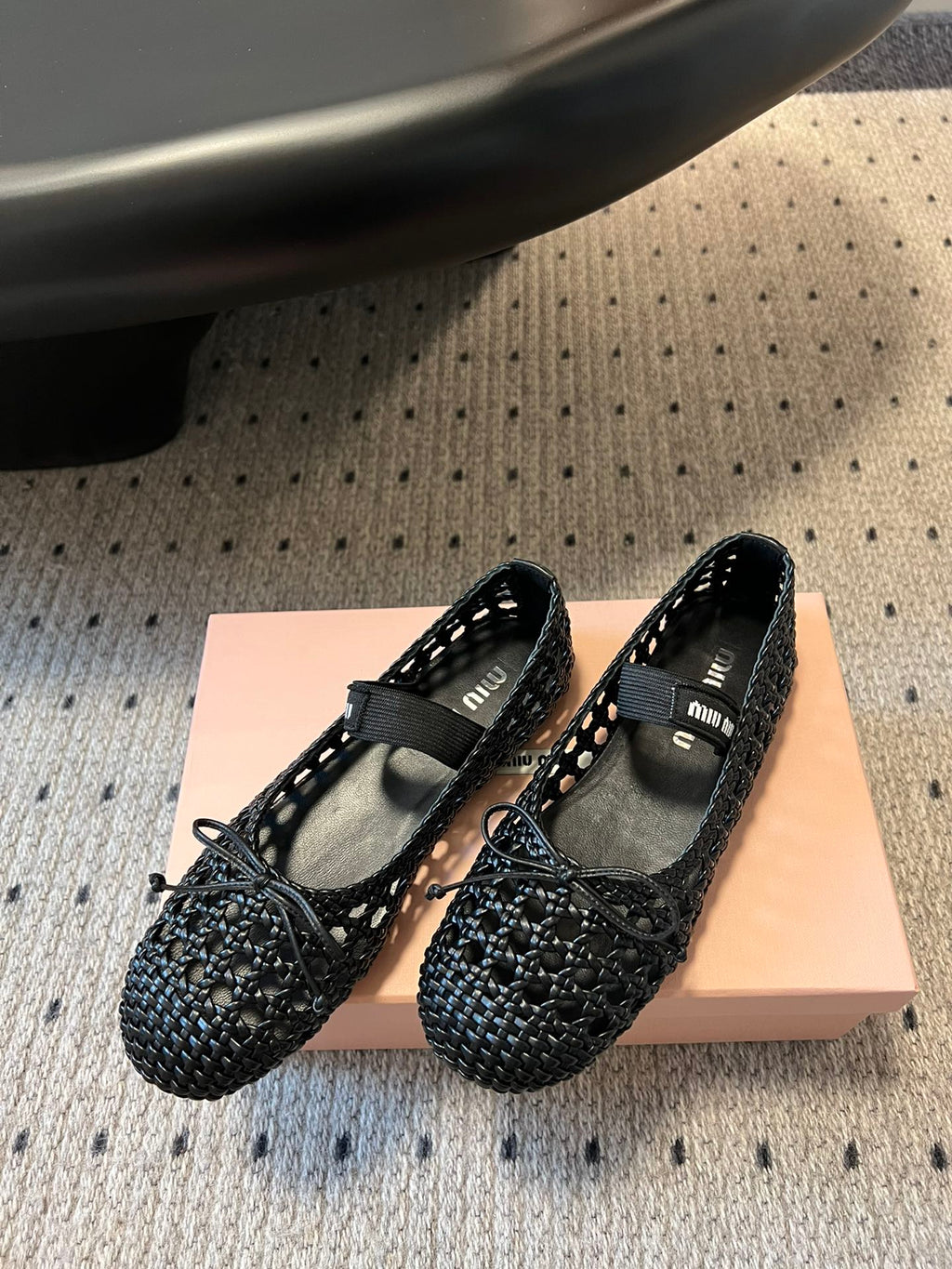 MIUMIU 26S BALLERINA FLATS IN BLACK MESH SHEEPSKIN