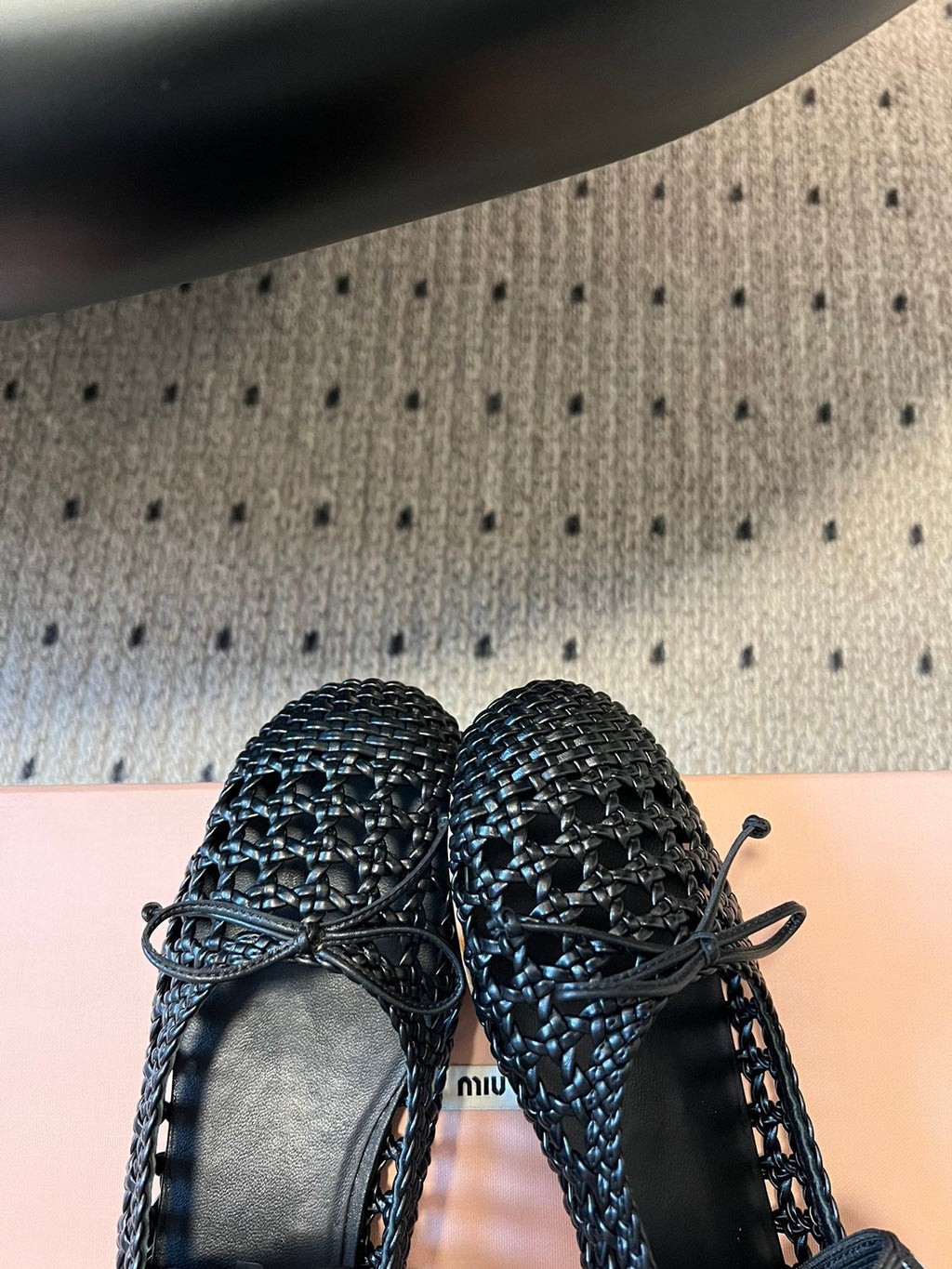 MIUMIU 26S BALLERINA FLATS IN BLACK MESH SHEEPSKIN
