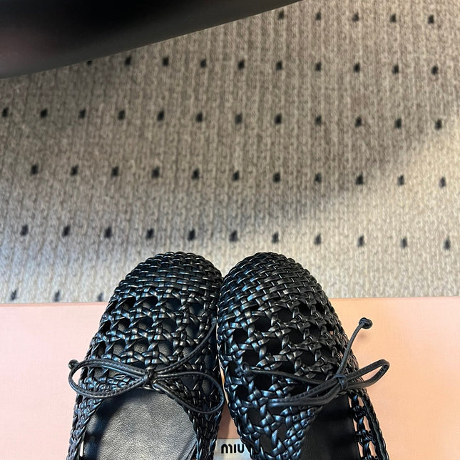 MIUMIU 26S BALLERINA FLATS IN BLACK MESH SHEEPSKIN