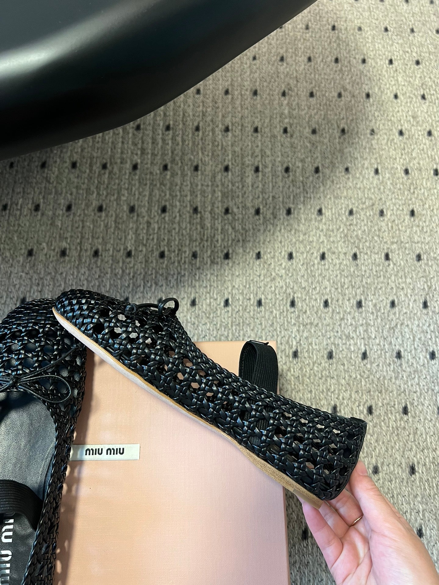 MIUMIU 26S BALLERINA FLATS IN BLACK MESH SHEEPSKIN