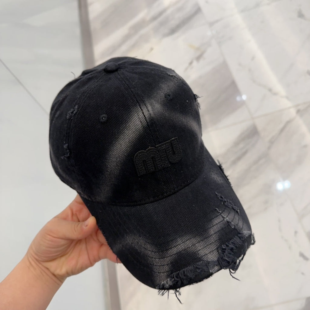 MIUMIU BASEBALL CAP IN BLACK DISTRESSED FABRIC STYLE 4