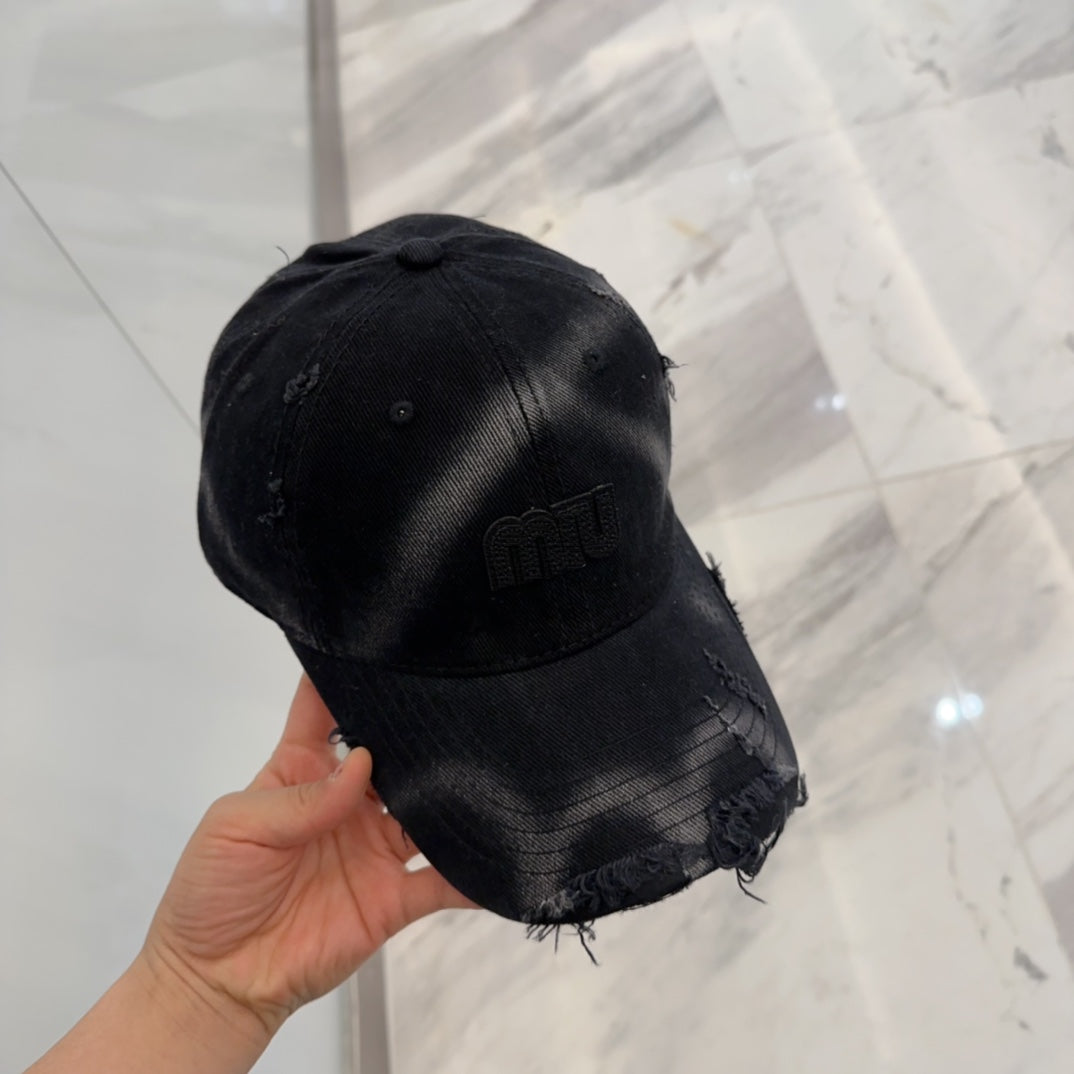 MIUMIU BASEBALL CAP IN BLACK DISTRESSED FABRIC STYLE 4