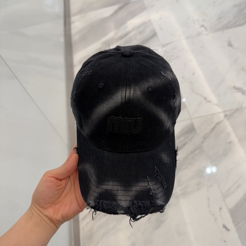 MIUMIU BASEBALL CAP IN BLACK DISTRESSED FABRIC STYLE 4