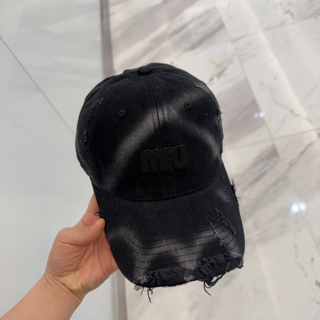 MIUMIU BASEBALL CAP IN BLACK DISTRESSED FABRIC STYLE 4