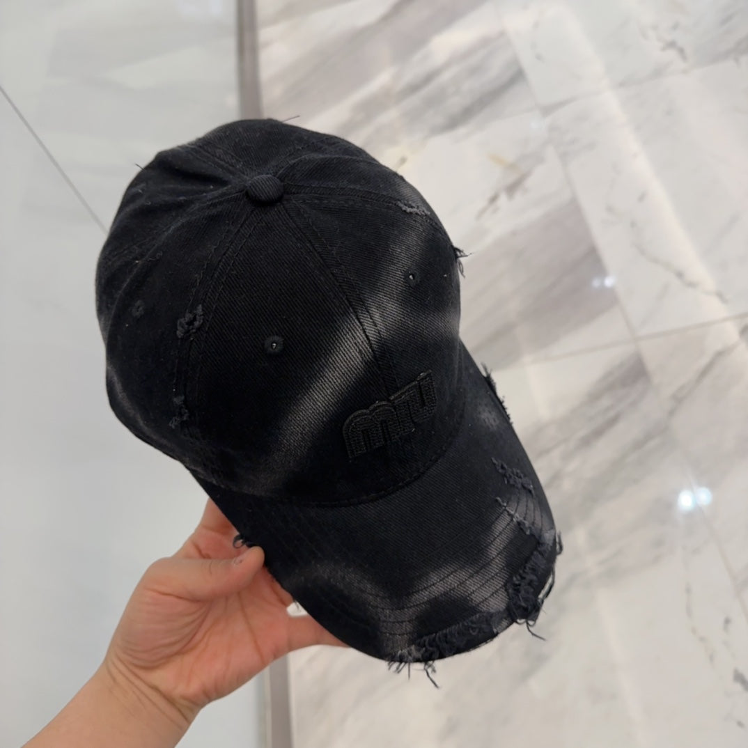 MIUMIU BASEBALL CAP IN BLACK DISTRESSED FABRIC STYLE 4