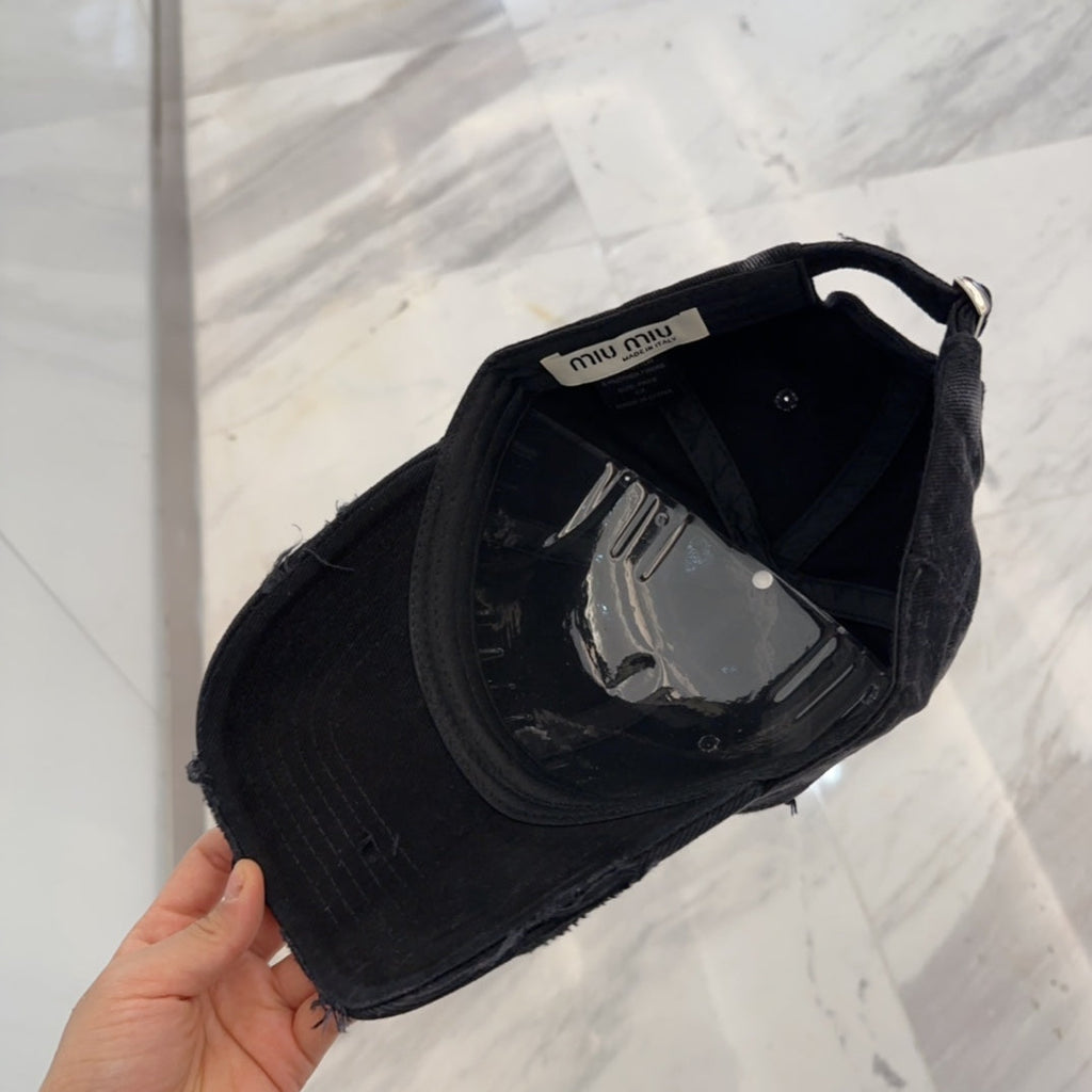 MIUMIU BASEBALL CAP IN BLACK DISTRESSED FABRIC STYLE 4