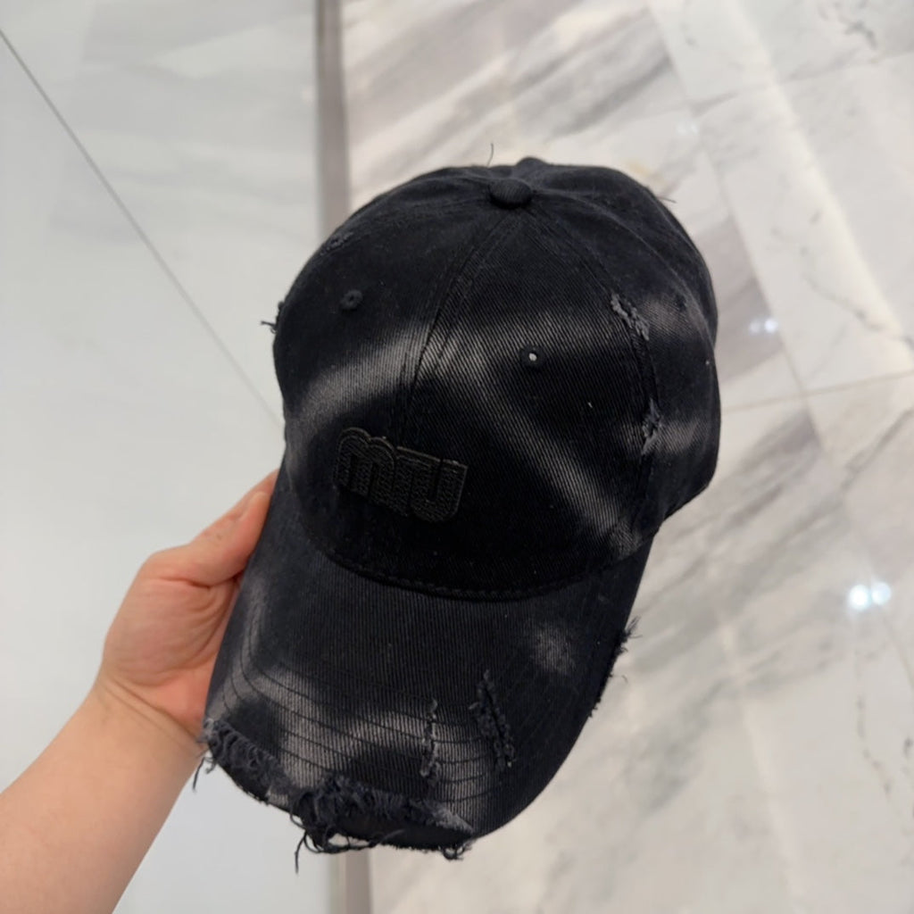 MIUMIU BASEBALL CAP IN BLACK DISTRESSED FABRIC STYLE 4