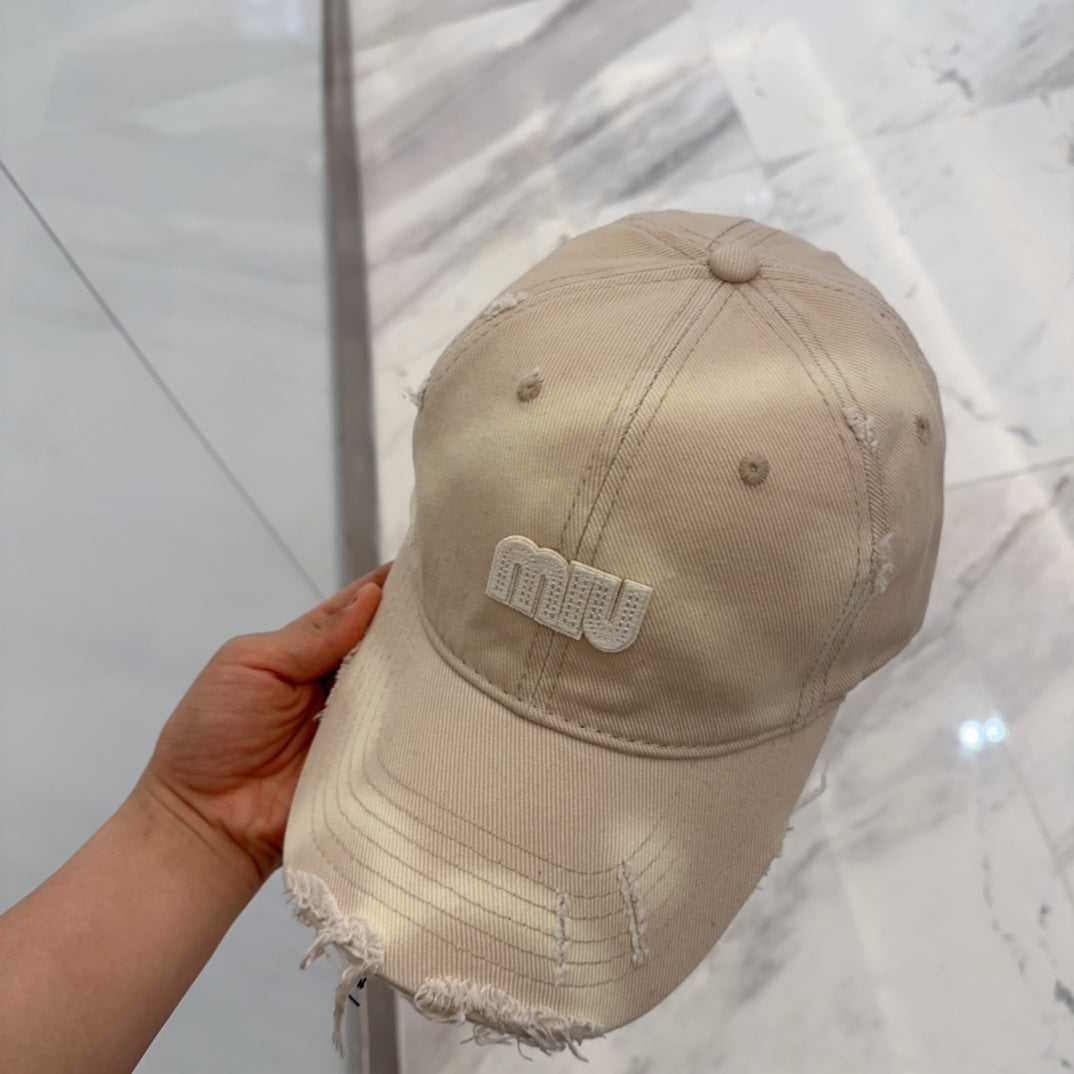 MIUMIU BASEBALL CAP IN LIGHT BEIGE DISTRESSED FABRIC STYLE 3