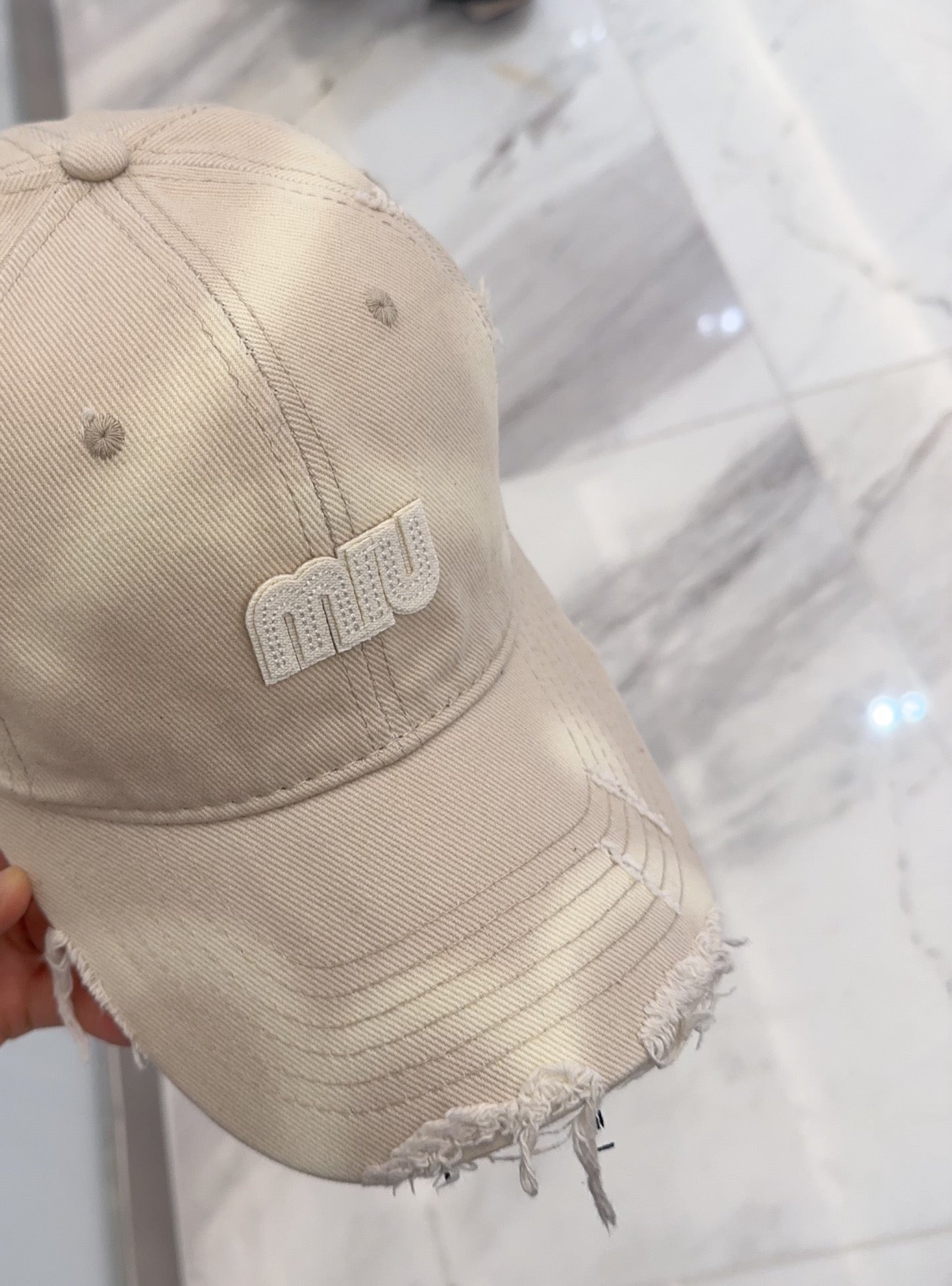 MIUMIU BASEBALL CAP IN LIGHT BEIGE DISTRESSED FABRIC STYLE 3