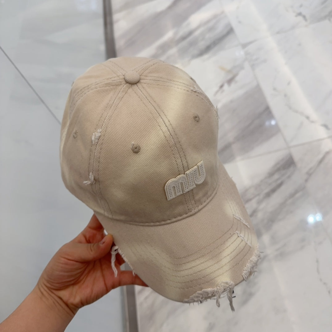 MIUMIU BASEBALL CAP IN LIGHT BEIGE DISTRESSED FABRIC STYLE 3