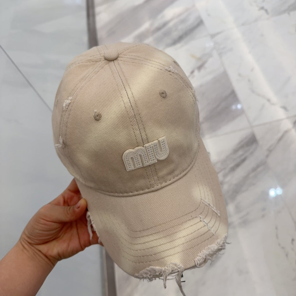 MIUMIU BASEBALL CAP IN LIGHT BEIGE DISTRESSED FABRIC STYLE 3
