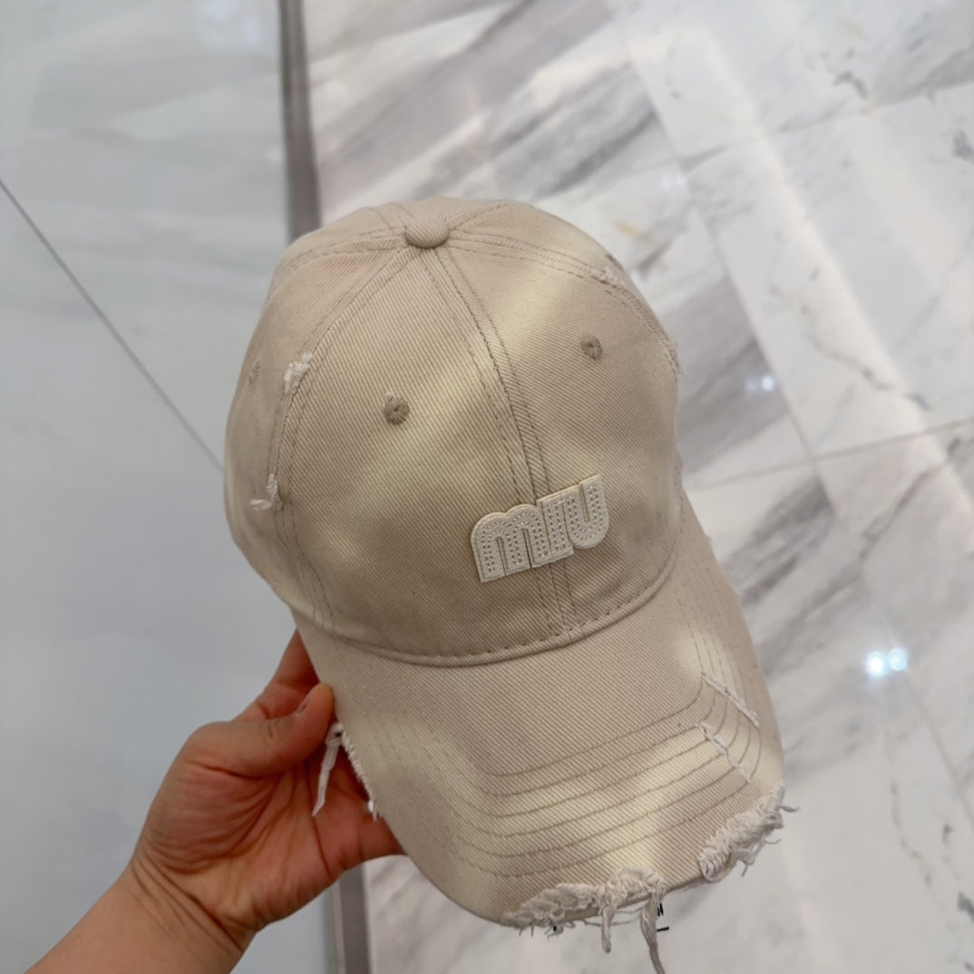 MIUMIU BASEBALL CAP IN LIGHT BEIGE DISTRESSED FABRIC STYLE 3