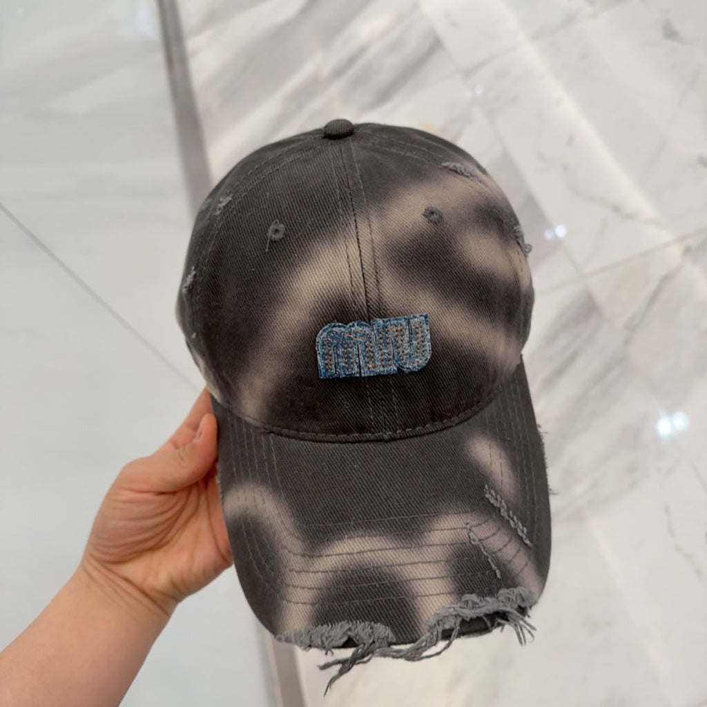 MIUMIU BASEBALL CAP IN DARK MOCHA BROWN DISTRESSED FABRIC STYLE 2