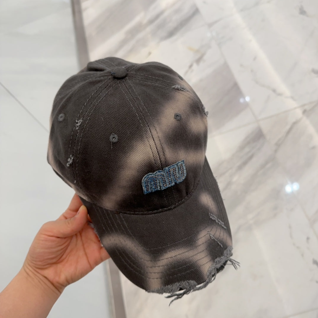 MIUMIU BASEBALL CAP IN DARK MOCHA BROWN DISTRESSED FABRIC STYLE 2