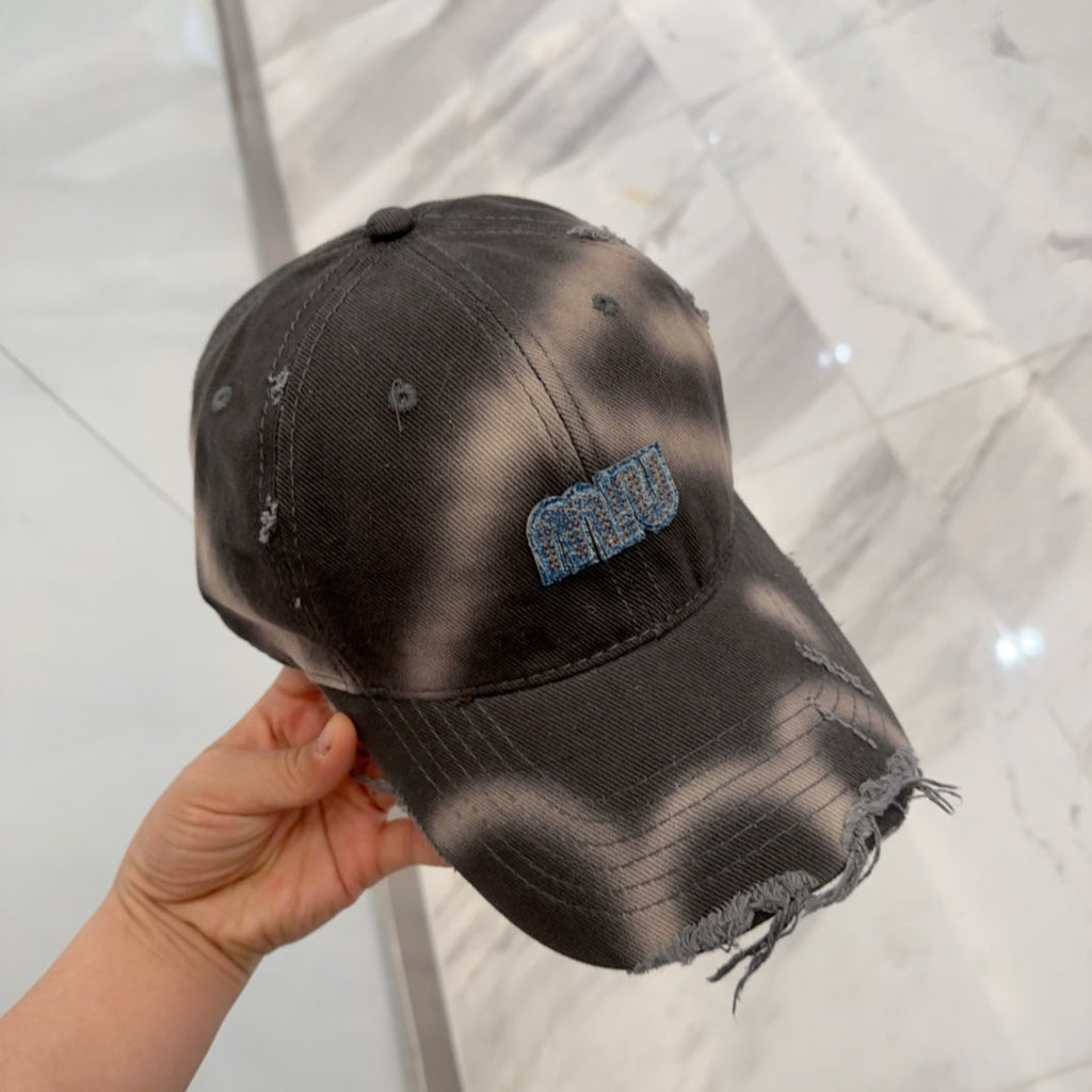 MIUMIU BASEBALL CAP IN DARK MOCHA BROWN DISTRESSED FABRIC STYLE 2