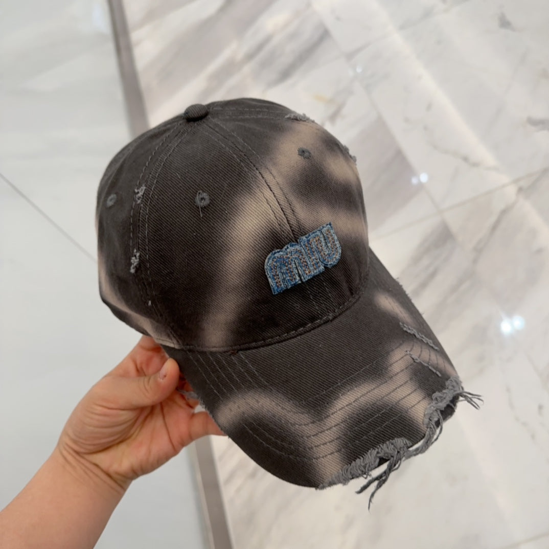 MIUMIU BASEBALL CAP IN DARK MOCHA BROWN DISTRESSED FABRIC STYLE 2