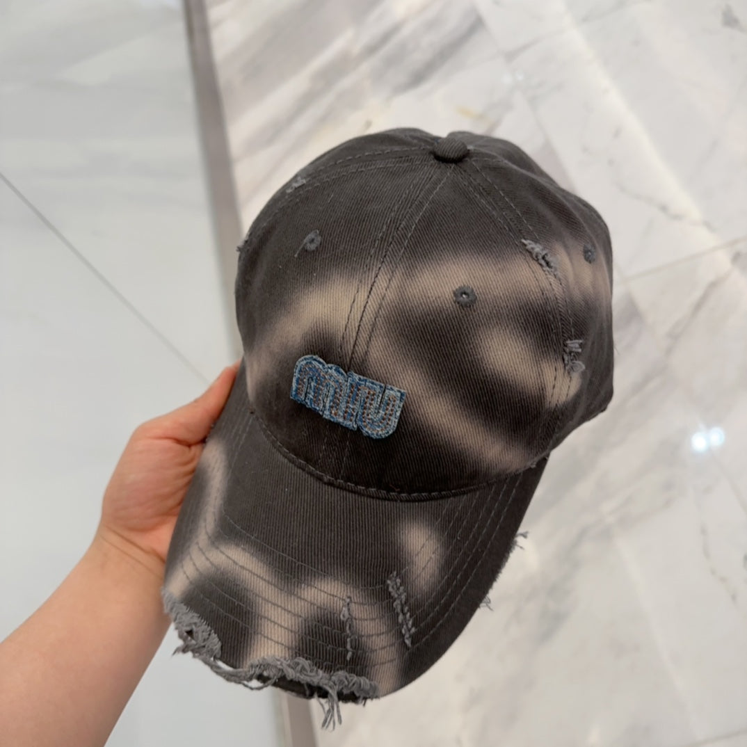MIUMIU BASEBALL CAP IN DARK MOCHA BROWN DISTRESSED FABRIC STYLE 2