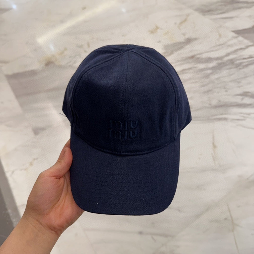 MIUMIU BASEBALL CAP IN NAVY BLUE FABRIC EMBROIDERED LOGO STYLE 1