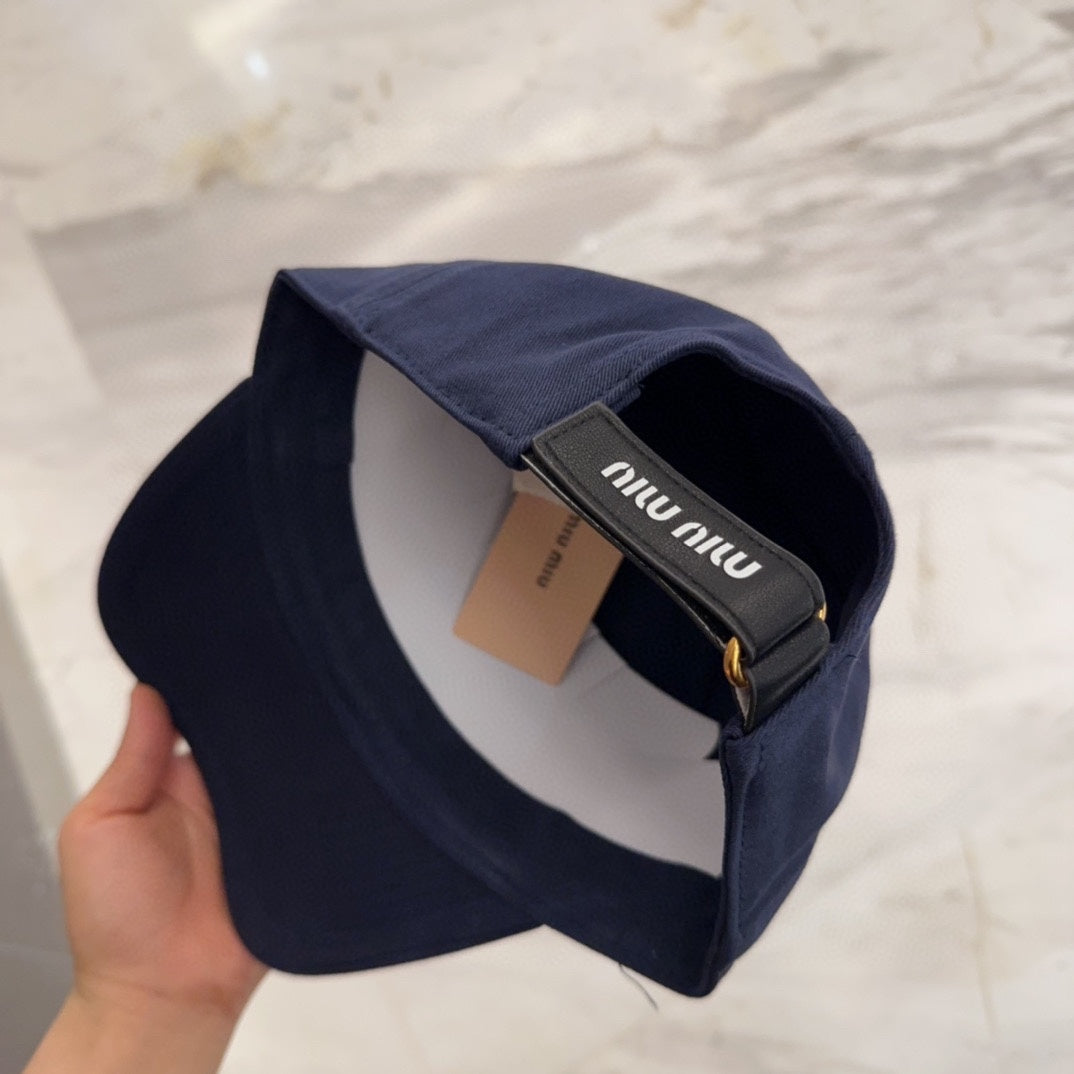 MIUMIU BASEBALL CAP IN NAVY BLUE FABRIC EMBROIDERED LOGO STYLE 1