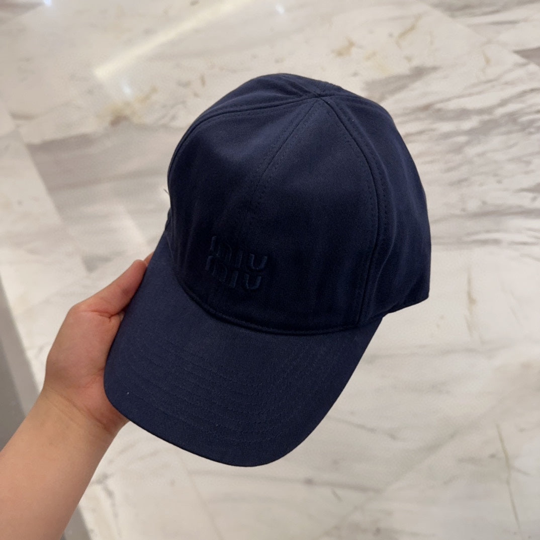 MIUMIU BASEBALL CAP IN NAVY BLUE FABRIC EMBROIDERED LOGO STYLE 1