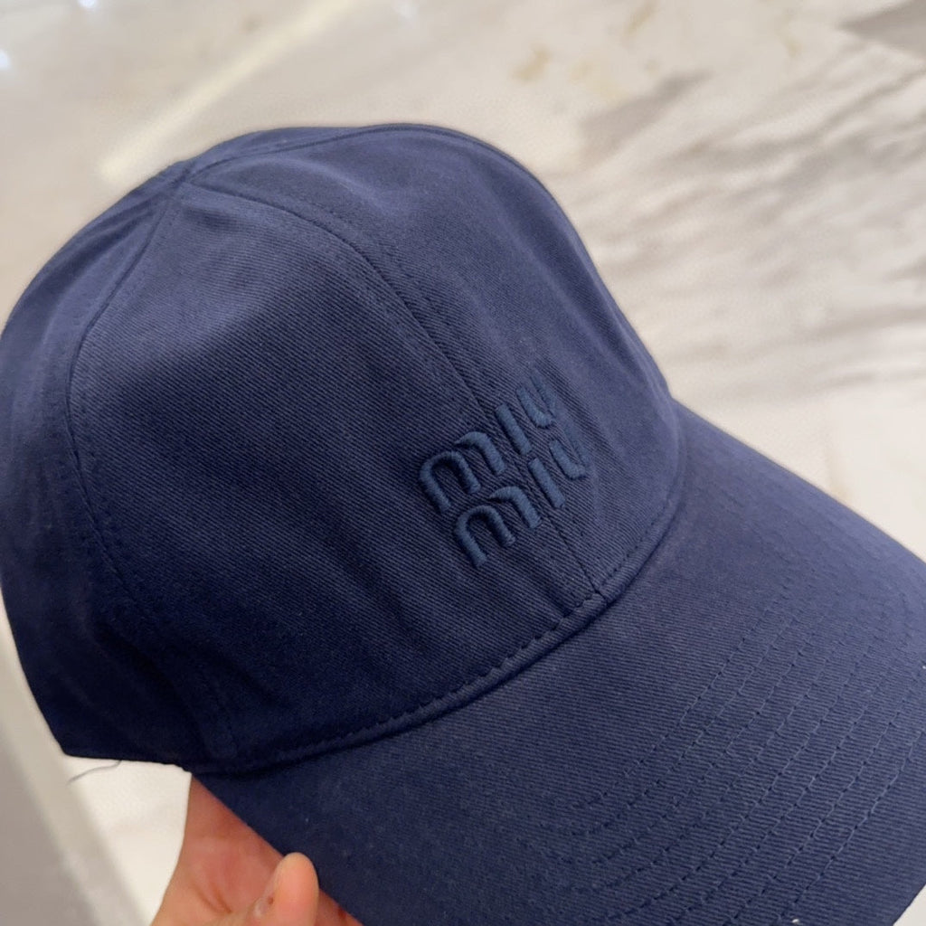 MIUMIU BASEBALL CAP IN NAVY BLUE FABRIC EMBROIDERED LOGO STYLE 1