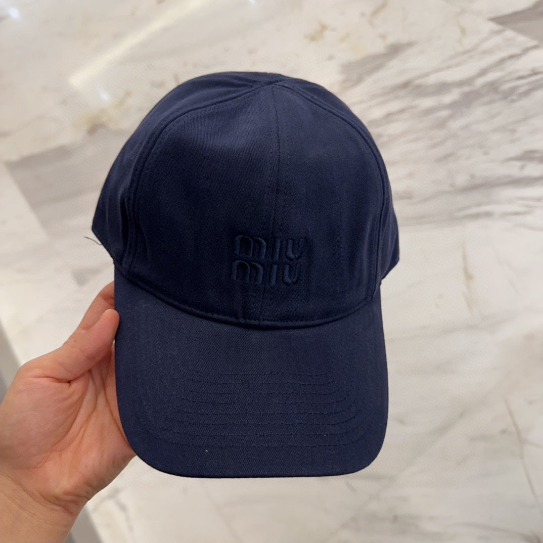 MIUMIU BASEBALL CAP IN NAVY BLUE FABRIC EMBROIDERED LOGO STYLE 1