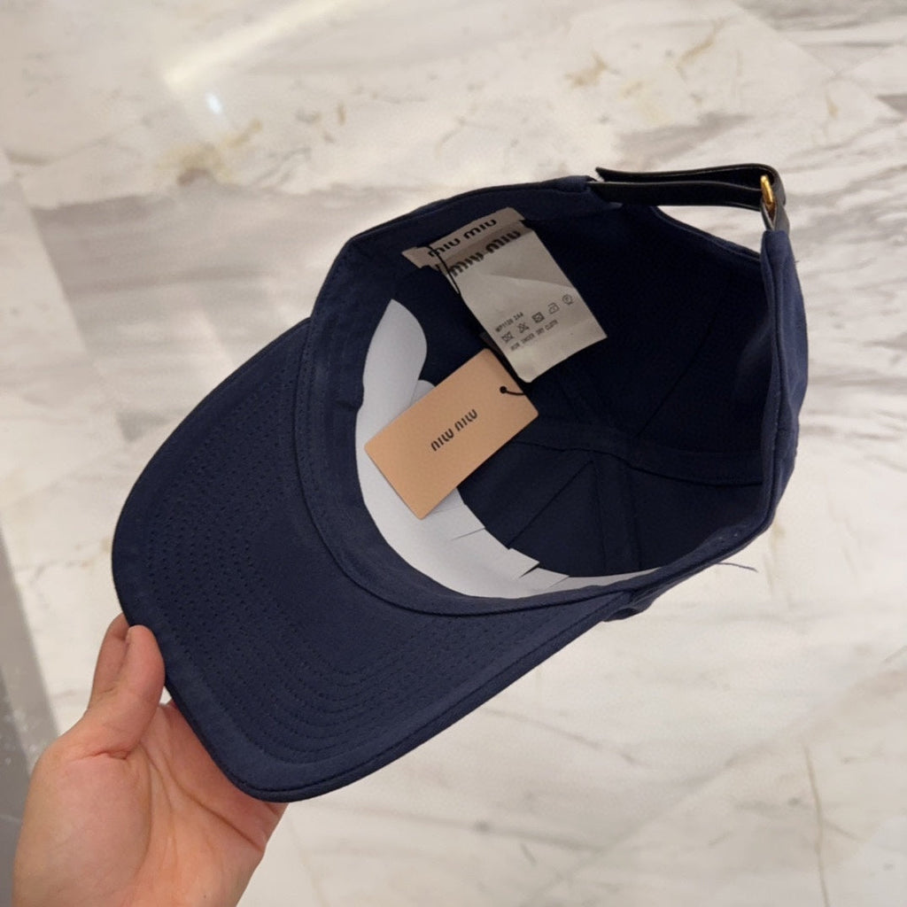 MIUMIU BASEBALL CAP IN NAVY BLUE FABRIC EMBROIDERED LOGO STYLE 1