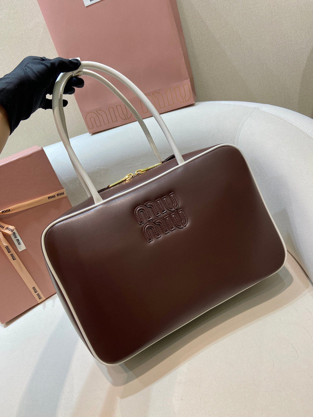 MIUMIU 26S BEAU BAG 34 IN DARK BROWN AND WHITE CALFSKIN