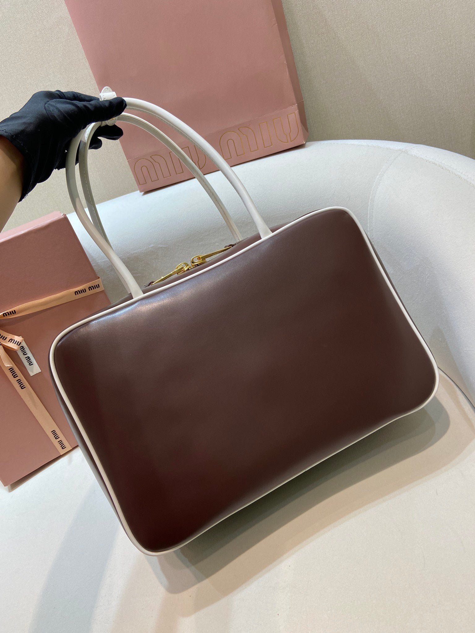 MIUMIU 26S BEAU BAG 34 IN DARK BROWN AND WHITE CALFSKIN