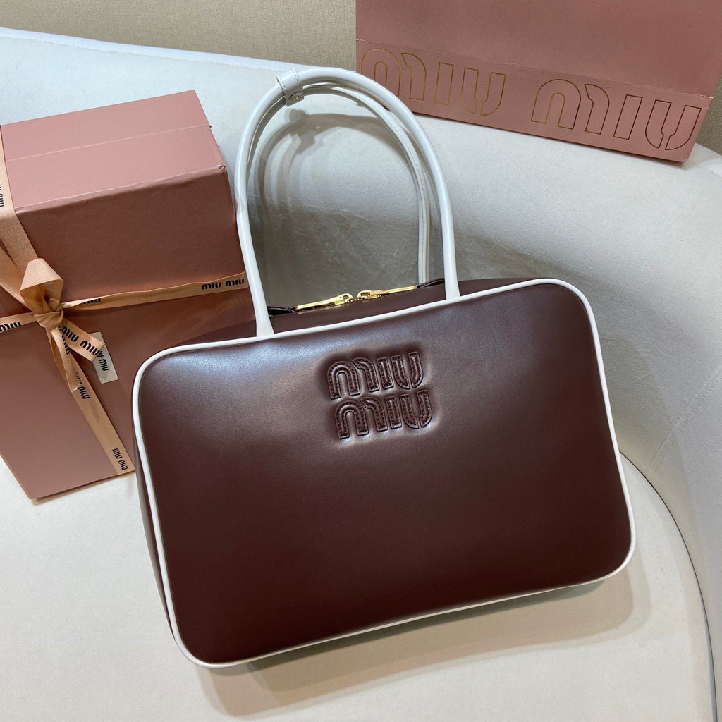 MIUMIU 26S BEAU BAG 34 IN DARK BROWN AND WHITE CALFSKIN