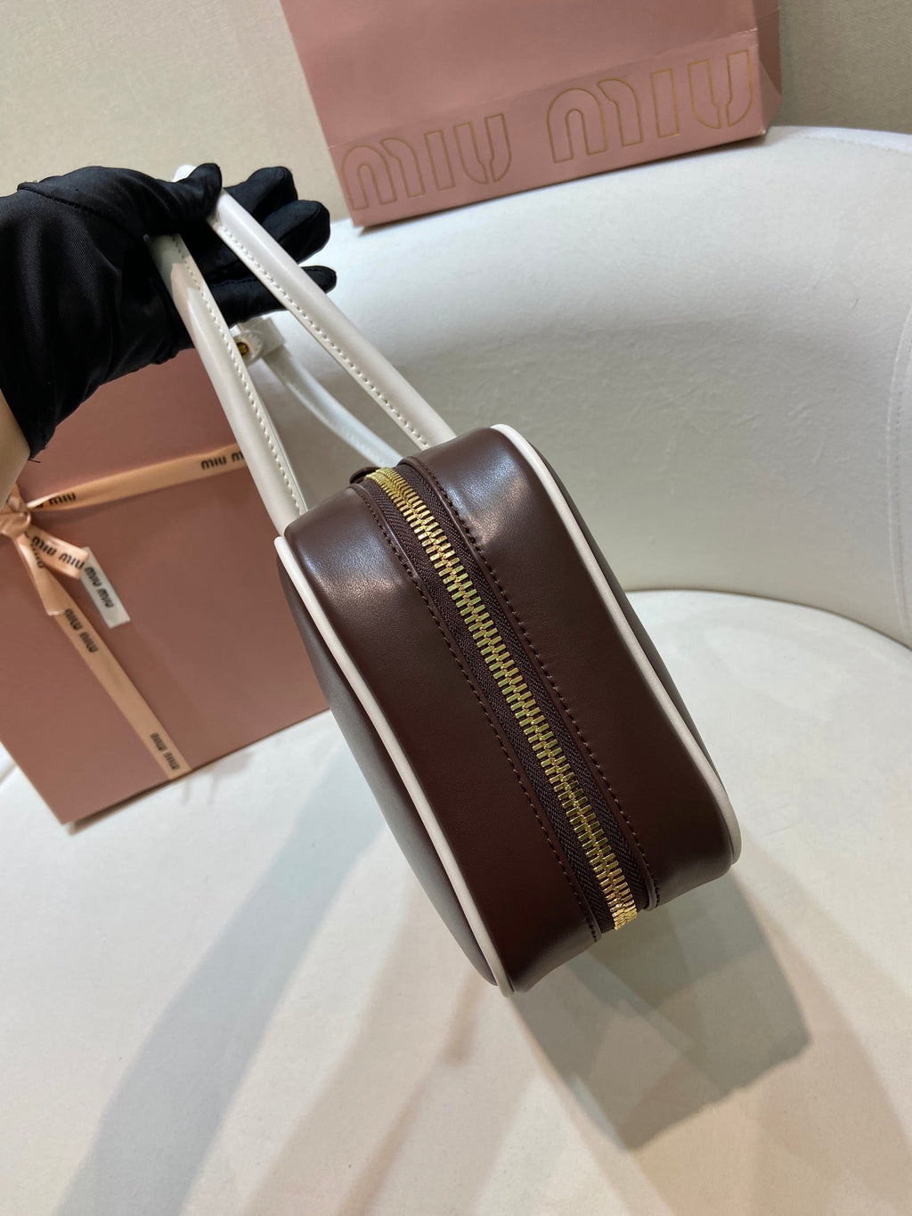 MIUMIU 26S BEAU BAG 30 IN DARK BROWN AND WHITE CALFSKIN