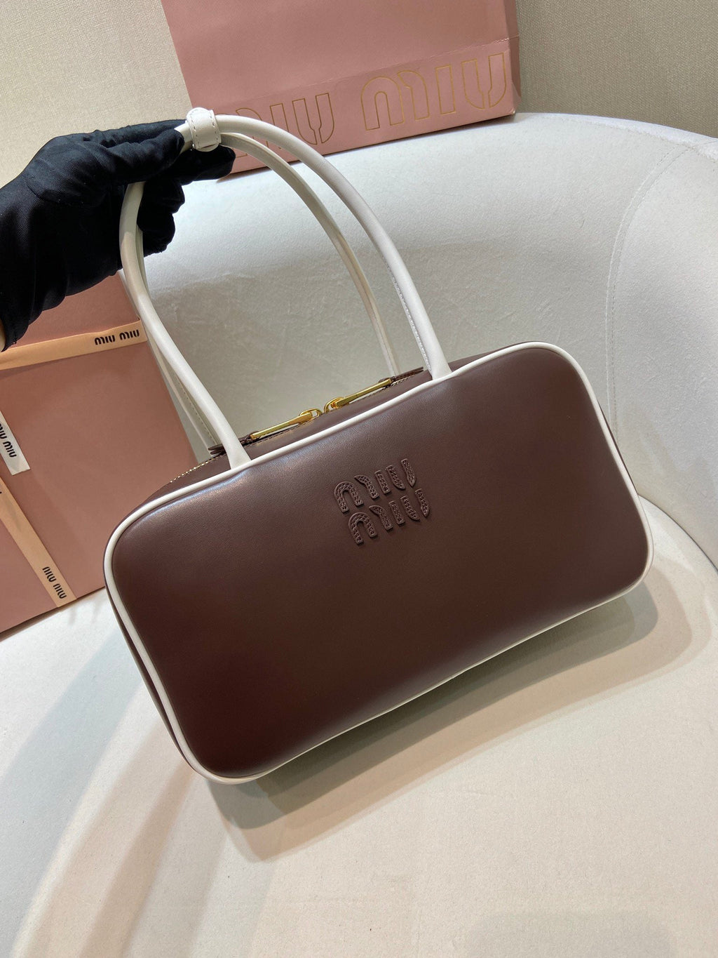 MIUMIU 26S BEAU BAG 30 IN DARK BROWN AND WHITE CALFSKIN