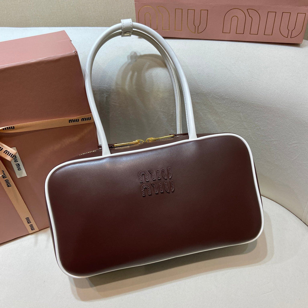 MIUMIU 26S BEAU BAG 30 IN DARK BROWN AND WHITE CALFSKIN