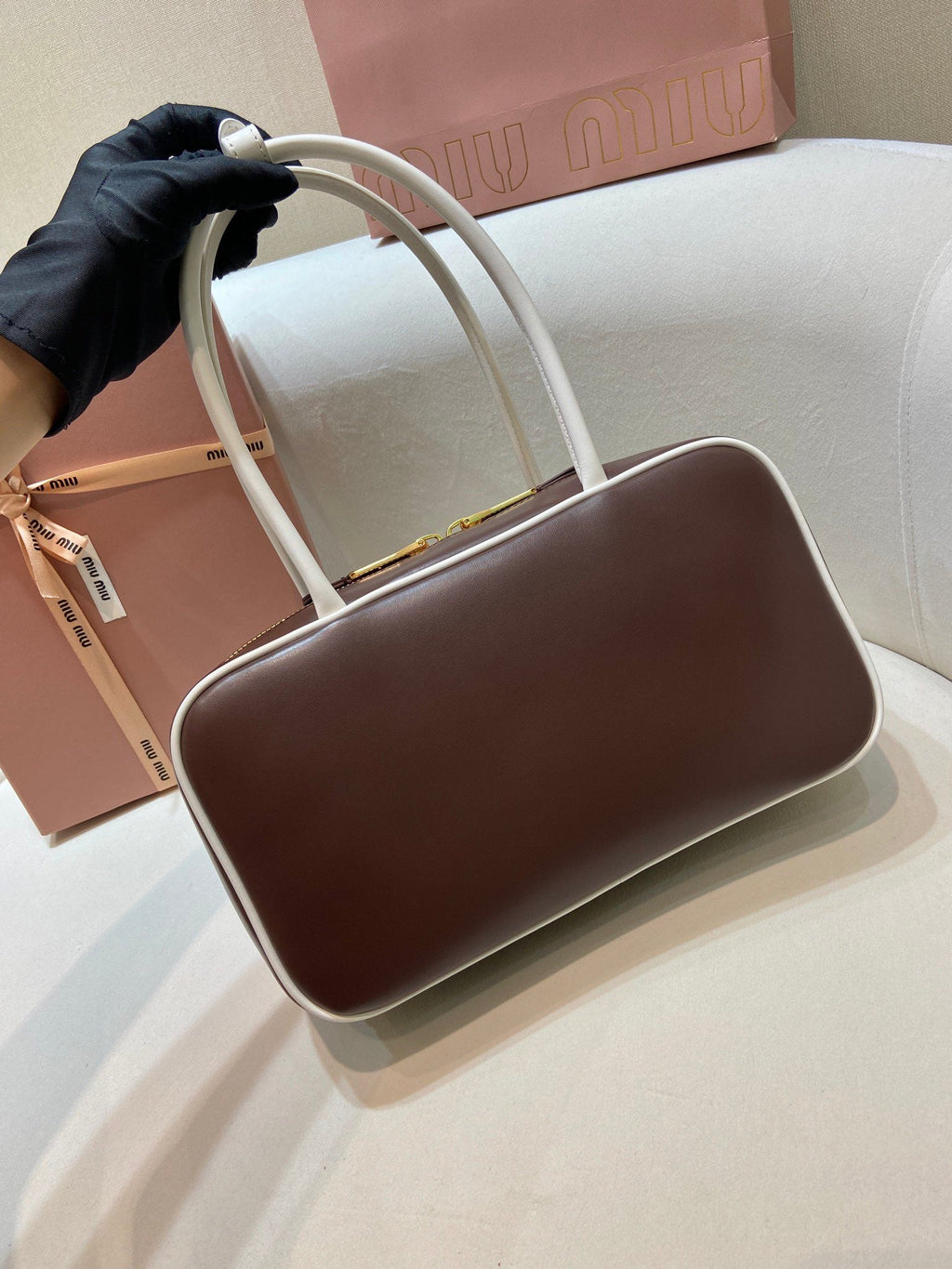 MIUMIU 26S BEAU BAG 30 IN DARK BROWN AND WHITE CALFSKIN