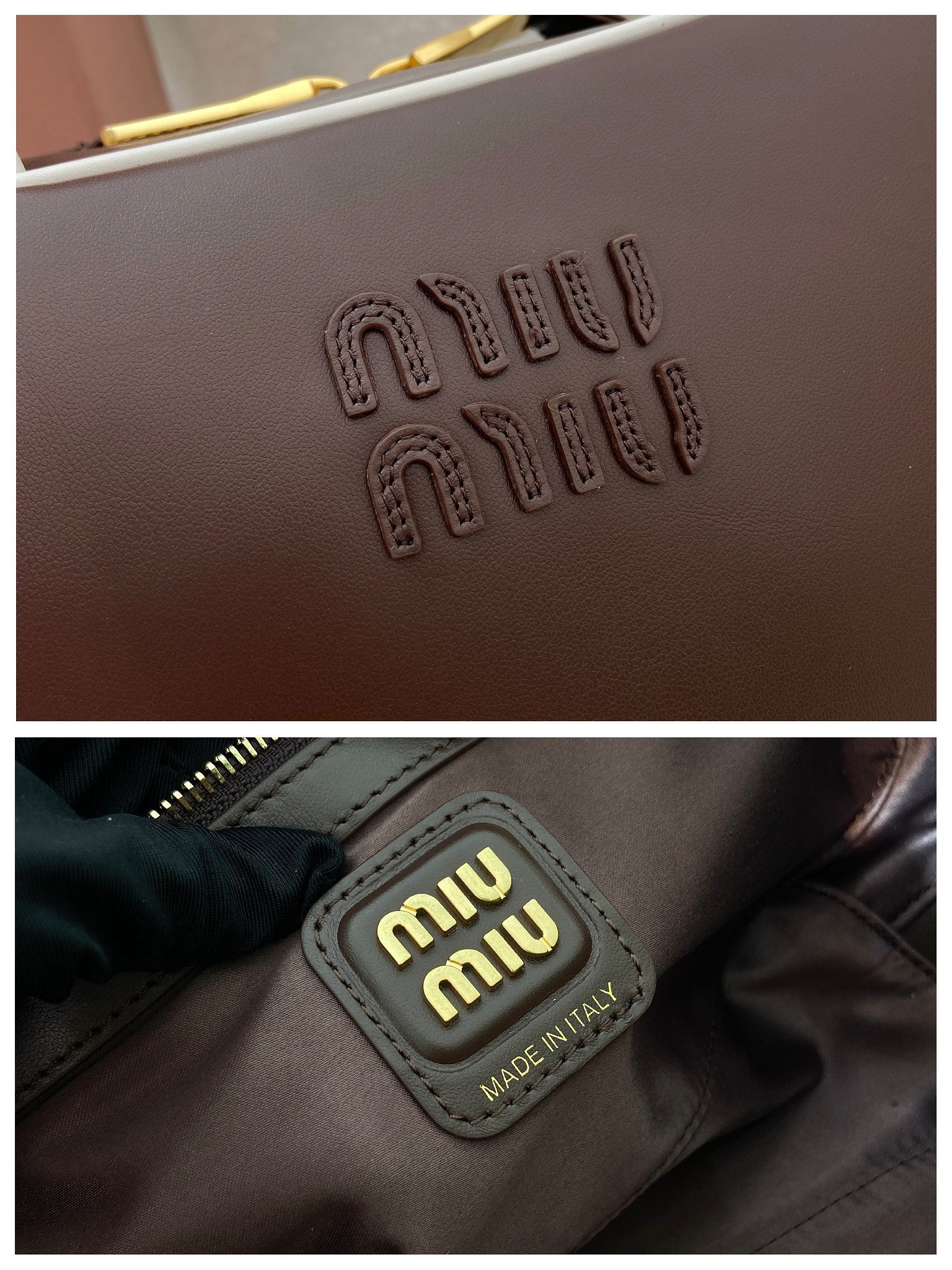 MIUMIU 26S BEAU BAG 30 IN DARK BROWN AND WHITE CALFSKIN