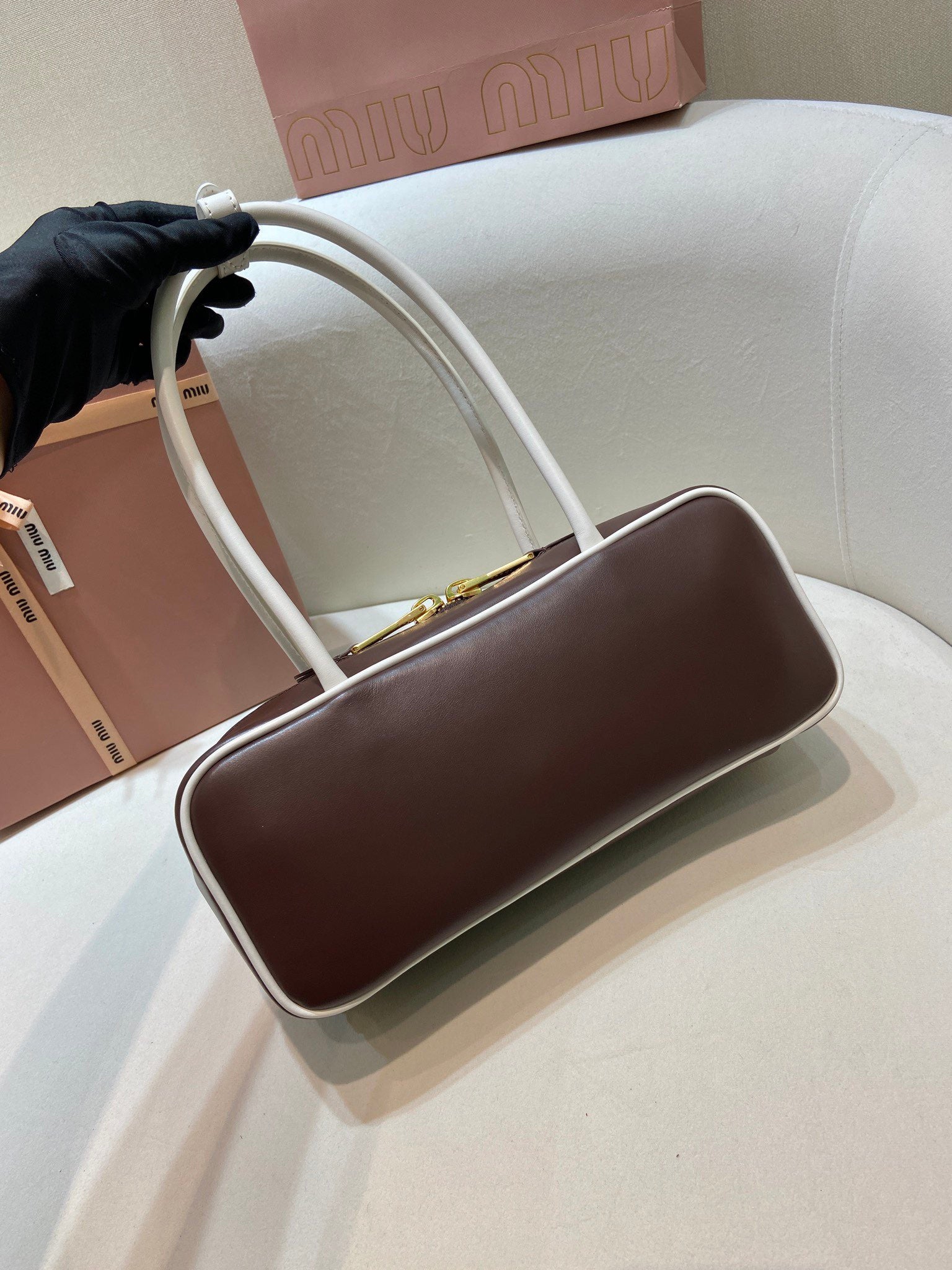 MIUMIU 26S BEAU BAG 28 IN DARK BROWN AND WHITE CALFSKIN