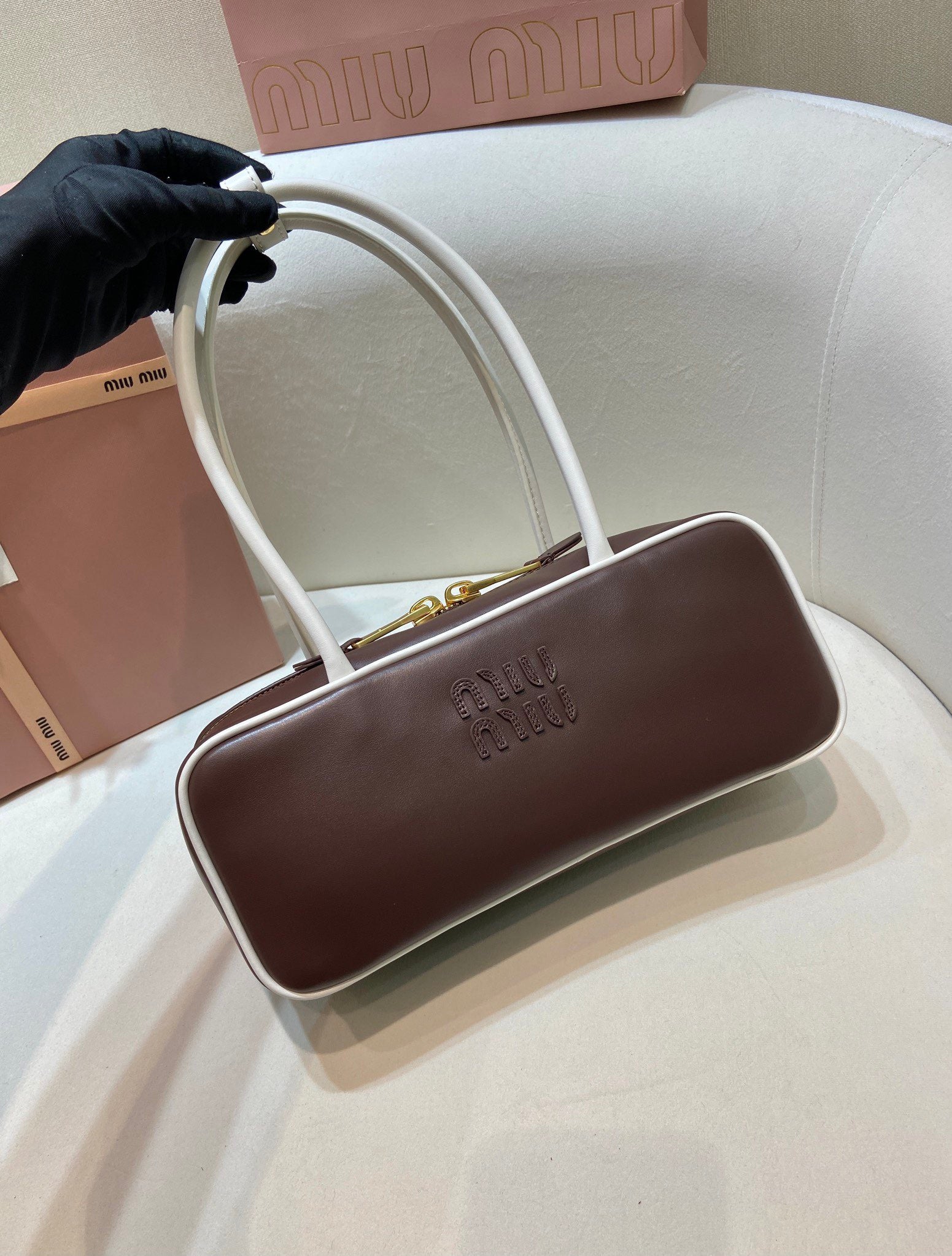 MIUMIU 26S BEAU BAG 28 IN DARK BROWN AND WHITE CALFSKIN