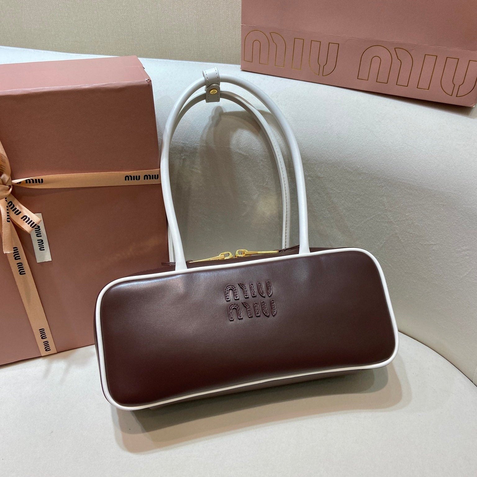 MIUMIU 26S BEAU BAG 28 IN DARK BROWN AND WHITE CALFSKIN
