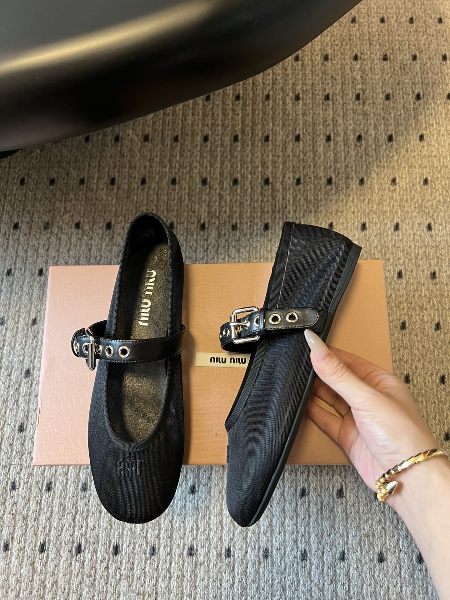 MIUMIU 26S BALLERINAS IN BLACK MESH FABRIC