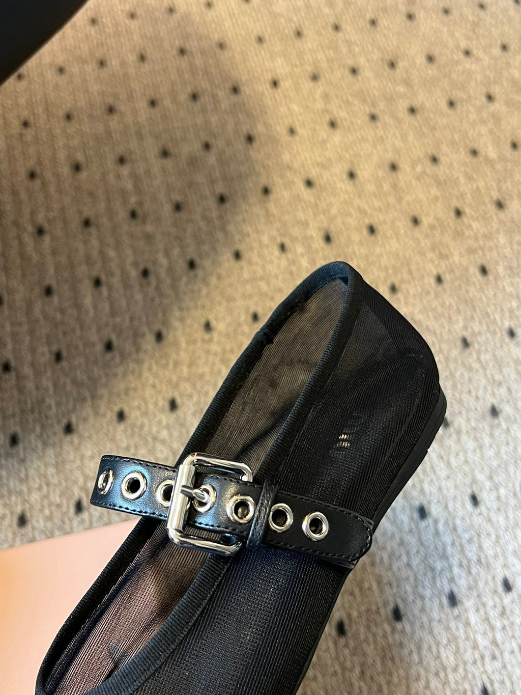 MIUMIU 26S BALLERINAS IN BLACK MESH FABRIC