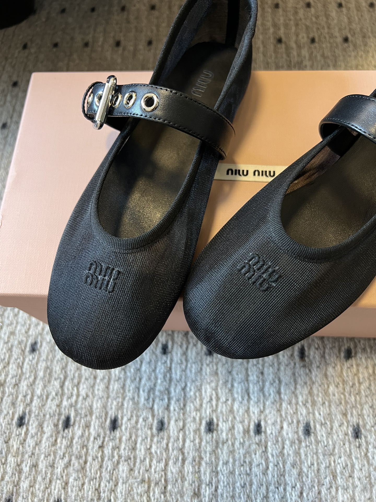 MIUMIU 26S BALLERINAS IN BLACK MESH FABRIC
