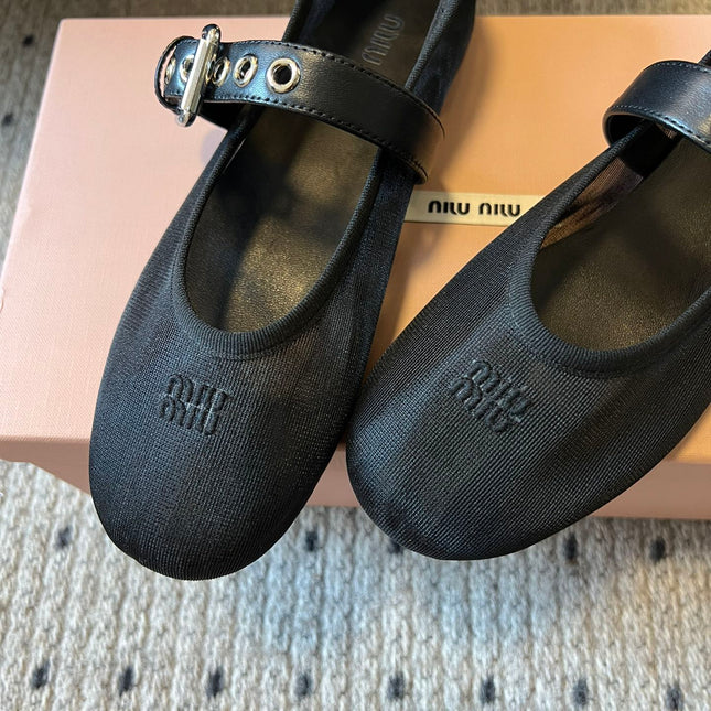 MIUMIU 26S BALLERINAS IN BLACK MESH FABRIC