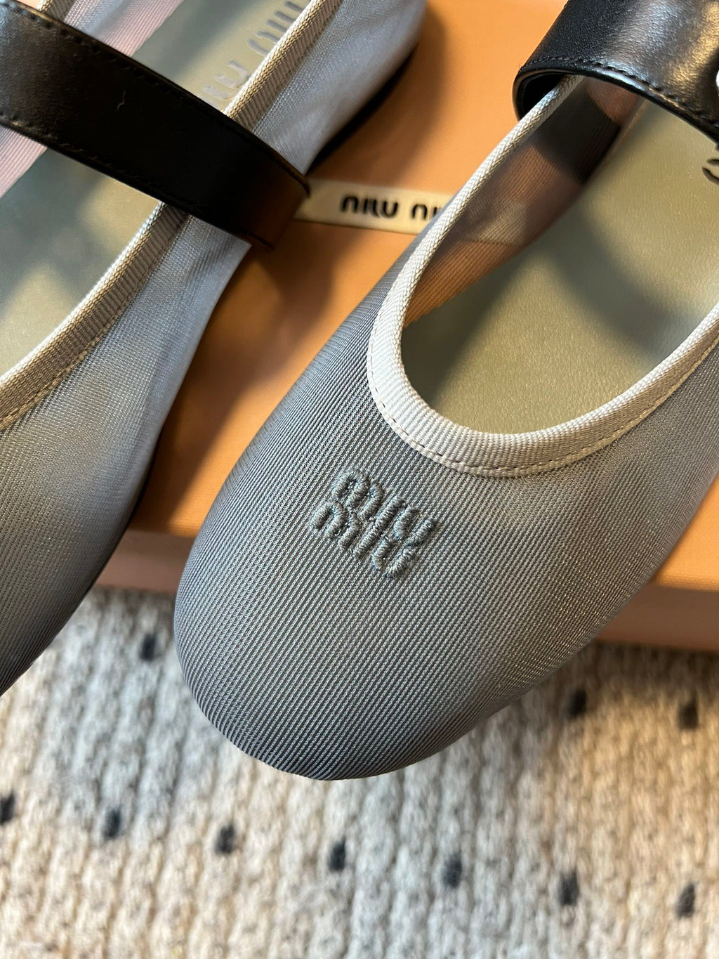 MIUMIU 26S BALLERINAS IN ALUMINUM GRAY MESH FABRIC