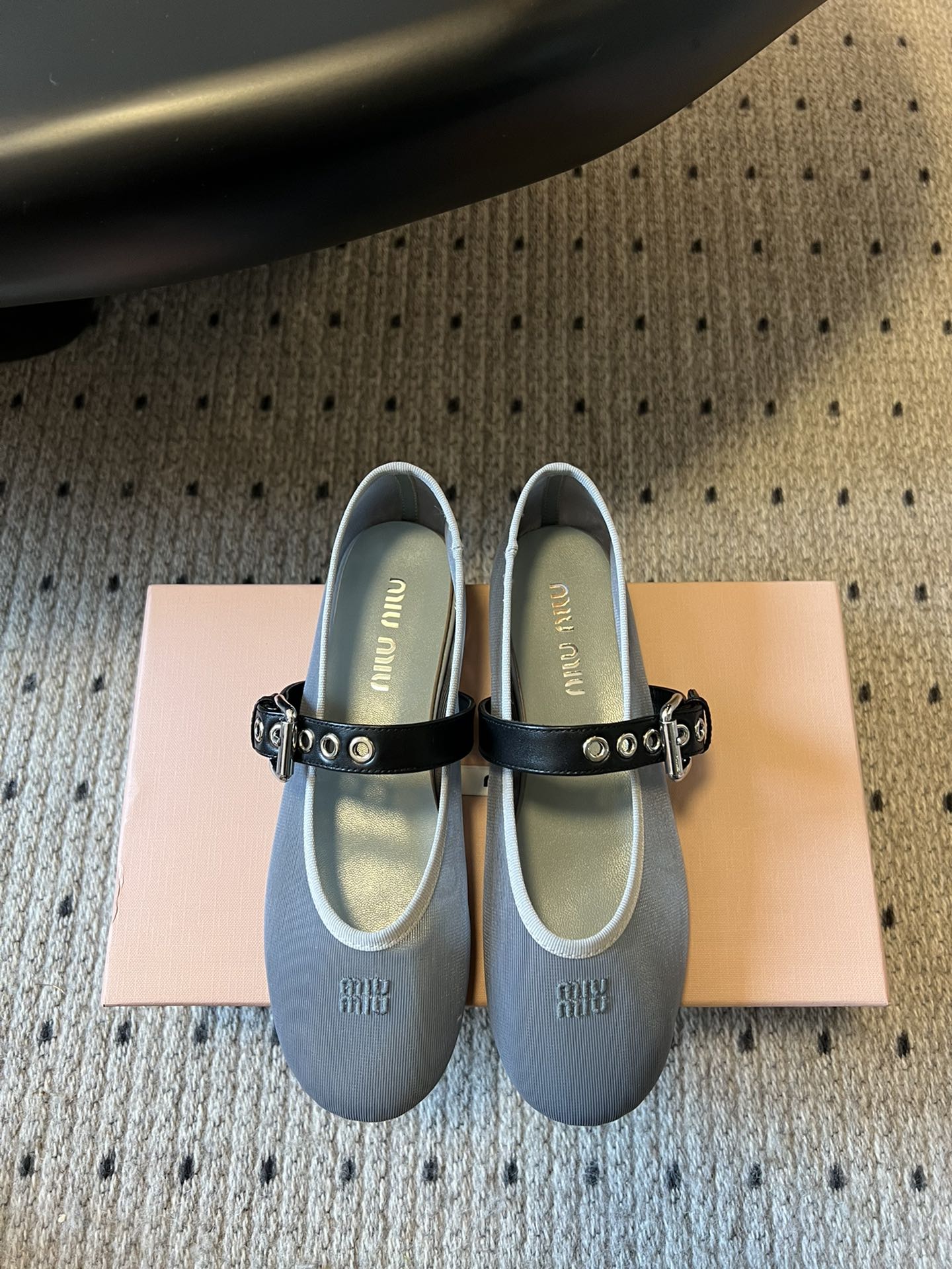 MIUMIU 26S BALLERINAS IN ALUMINUM GRAY MESH FABRIC