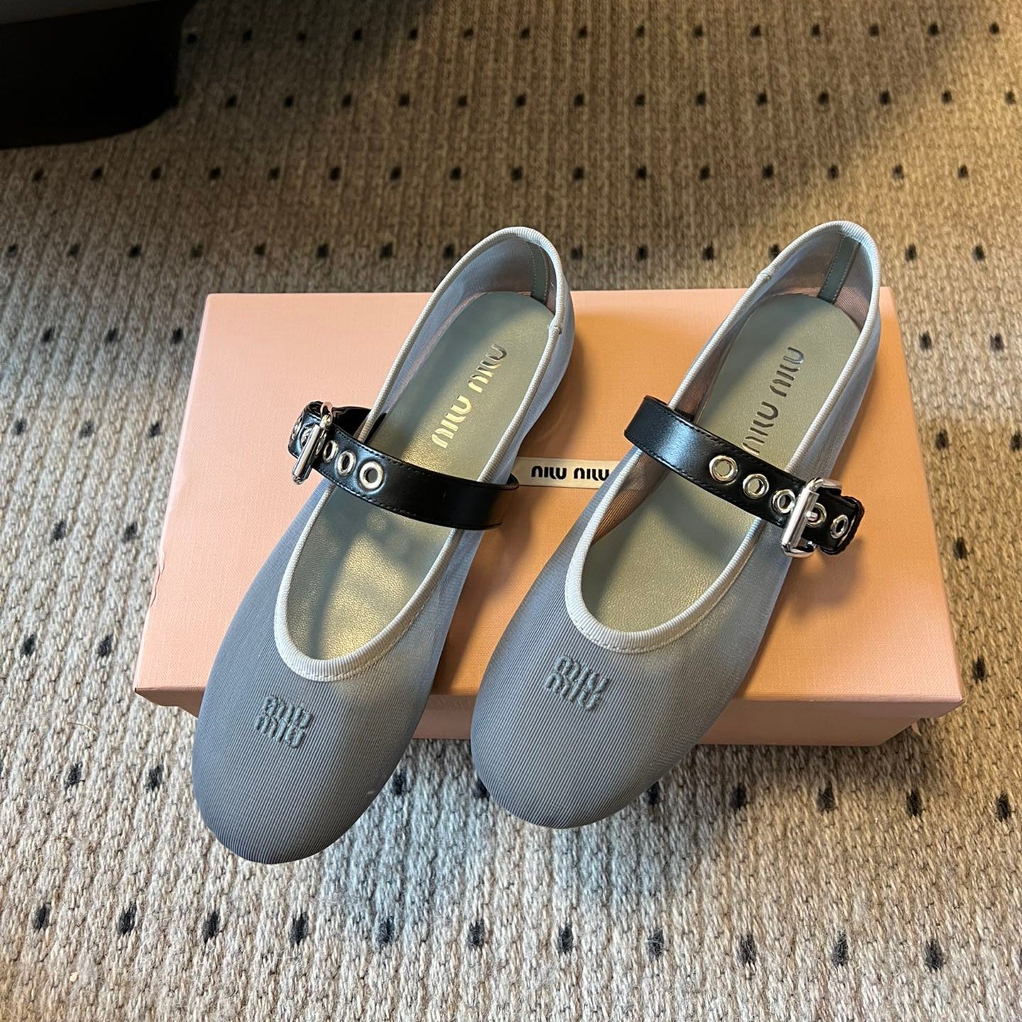 MIUMIU 26S BALLERINAS IN ALUMINUM GRAY MESH FABRIC