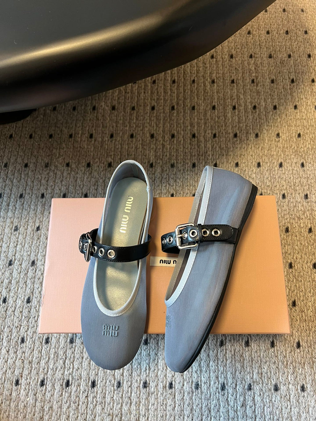 MIUMIU 26S BALLERINAS IN ALUMINUM GRAY MESH FABRIC
