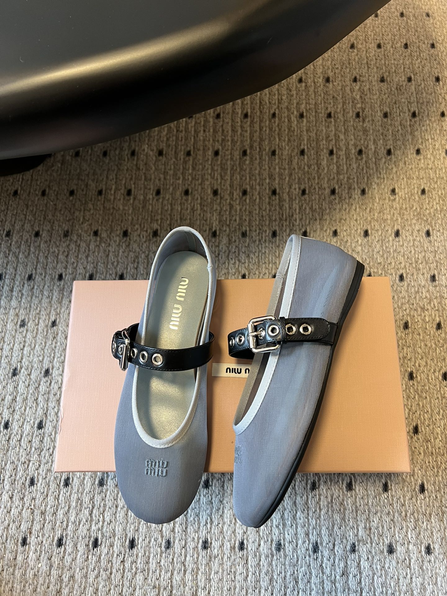 MIUMIU 26S BALLERINAS IN ALUMINUM GRAY MESH FABRIC
