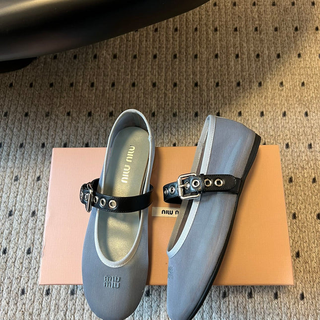 MIUMIU 26S BALLERINAS IN ALUMINUM GRAY MESH FABRIC