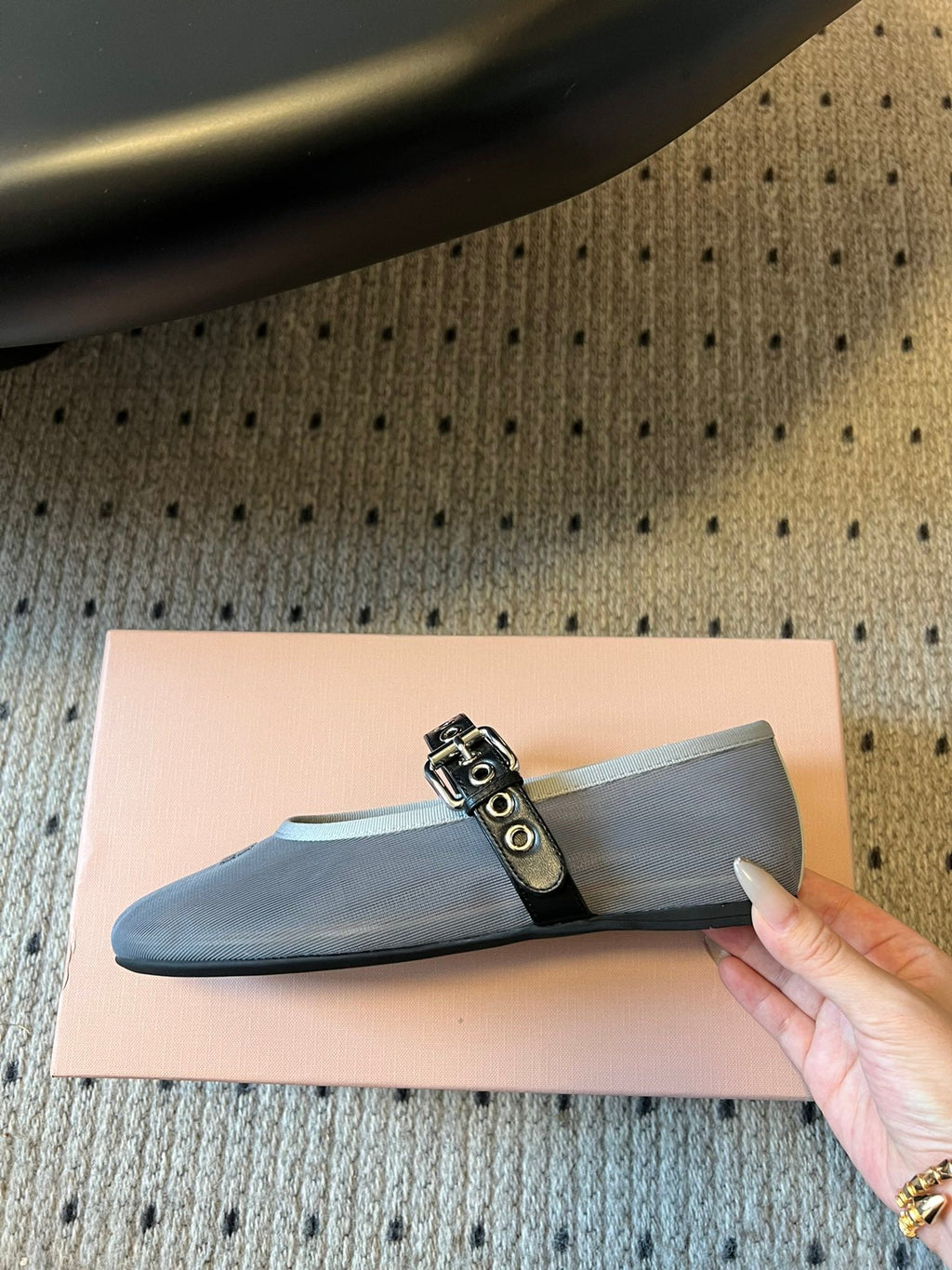 MIUMIU 26S BALLERINAS IN ALUMINUM GRAY MESH FABRIC