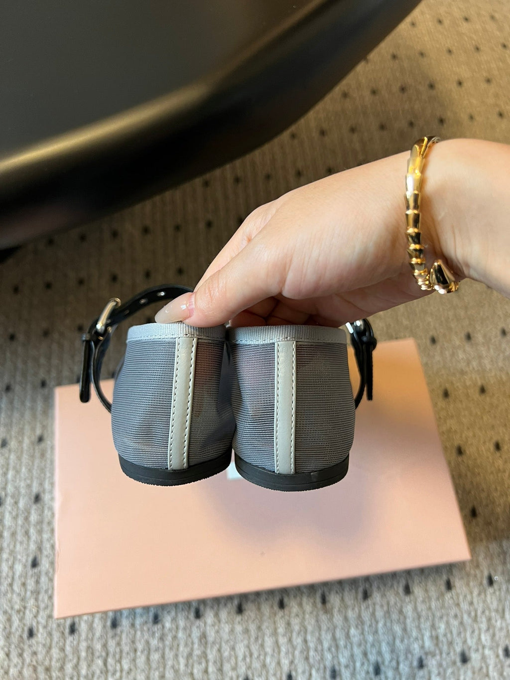 MIUMIU 26S BALLERINAS IN ALUMINUM GRAY MESH FABRIC